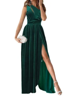 Women‘s Christmas Party Dress Velvet Dress Homecoming Dress Long Dress Maxi Dress Light Pink Black Wine Sleeveless Pure Color Ruched Summer Spring Fall One Shoulder Fashion Party Evening Party 2023 S