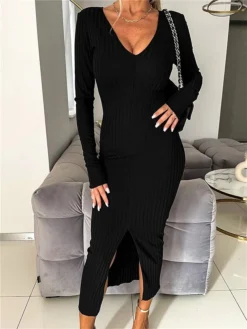 Women's Sweater Dress Jumper Dress Casual Dress Midi Dress Fashion Plain Outdoor Daily Vacation Going Out V Neck Long Sleeve 2023 Regular Fit Black Green Khaki S M L XL XXL -Party Prom Dresses Sales Store nvtexp1694427593462