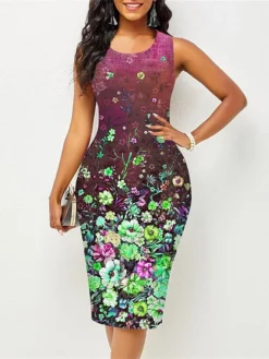 Women's Work Dress Sheath Dress Semi Formal Dress Fashion Midi Dress Print Crew Neck Sleeveless Floral Slim Pink Red Blue Summer Spring S M L XL XXL -Party Prom Dresses Sales Store nwbkgf1677122663466