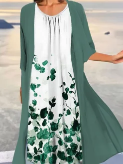 Women's Two Piece Dress Set Casual Dress Print Dress Outdoor Daily Fashion Elegant Print Midi Dress Crew Neck 3/4 Length Sleeve Floral Ombre Loose Fit Light Green Blue Purple Summer Spring S M L XL -Party Prom Dresses Sales Store nwhqln1690857729445