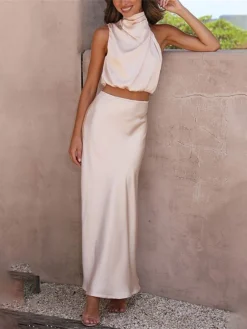 Women's Two Piece Dress Set Casual Dress Skirt Set Daily Holiday Fashion Sexy Ruched Long Dress Maxi Dress Stand Collar Sleeveless Plain Regular Fit Black White Light Green Summer Spring S M L XL -Party Prom Dresses Sales Store nwqisq1690857196752