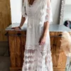 Women's Party Dress A Line Dress Boho Dress Long Dress Maxi Dress White Half Sleeve Pure Color Lace Spring Fall Autumn V Neck Boho Loose Fit 2023 S M L XL XXL