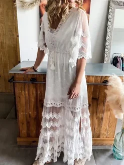 Women's Party Dress A Line Dress Boho Dress Long Dress Maxi Dress White Half Sleeve Pure Color Lace Spring Fall Autumn V Neck Boho Loose Fit 2023 S M L XL XXL