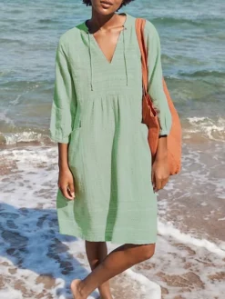 Women's Cotton Linen Dress Casual Dress Midi Dress Cotton Basic Classic Outdoor Daily Vacation V Neck Ruched Pocket 3/4 Length Sleeve Summer Spring Fall 2023 Regular Fit White Blue Green Plain S M L -Party Prom Dresses Sales Store nxaycs1678437958778