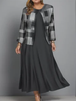 Women's Plus Size Two Piece Dress Set Casual Dress Swing Dress Outdoor Office Fashion Streetwear Print Midi Dress Crew Neck Long Sleeve Plaid Regular Fit Black Blue Brown Fall Winter L XL XXL 3XL 4XL -Party Prom Dresses Sales Store nxhzzl1697681149900