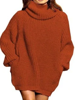 Women‘s Sweater Dress Winter Dress Burnt Orange Dress Wine Red Green Black Blue Khaki Orange Brown Gray White Long Sleeve Pure Color Winter Fall Turtleneck Casual Fit S M L XL