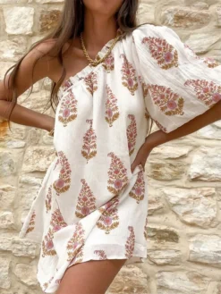 Women's Casual Dress Cotton Linen Dress Mini Dress Polyester Fashion Modern Outdoor Daily Holiday One Shoulder Print 3/4 Length Sleeve Summer Spring Fall 2023 Loose Fit White Flower S M L XL