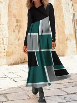 Women's Work Dress Casual Dress Swing Dress Fashion Winter Dress Daily Long Dress Maxi Dress Button Print V Neck Long Sleeve Geometric Plaid Regular Fit Pink Orange Green Fall Winter S M L XL XXL -Party Prom Dresses Sales Store nxxfrx1695264757751