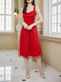 Women‘s Party Dress Homecoming Dress Cocktail Dress Midi Dress Red Sleeveless Pure Color Sparkly Glitter Sequins Summer Spring Fall Spaghetti Strap Fashion Wedding Guest Vacation Summer Dress -Party Prom Dresses Sales Store nyadnx1690857835511