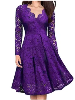 Women‘s Party Dress Wedding Guest Dress Lace Dress Dress Knee Length Dress Black Wine Navy Blue Long Sleeve Pure Color Lace Winter Fall Spring V Neck Elegant Winter Dress Office 2023 S M L XL XXL 3XL -Party Prom Dresses Sales Store nyaqoq1675392529539