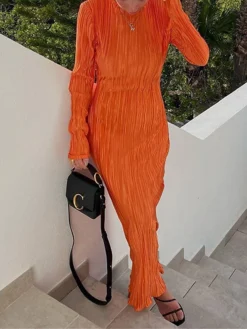 Women's Work Dress Sheath Dress Semi Formal Dress Fashion Daily Workfashion Long Dress Maxi Dress Ruched Pleated Crew Neck Long Sleeve Plain Slim Black Orange Fall Winter S M L -Party Prom Dresses Sales Store nyerpd1695645277148