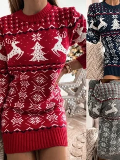 Women‘s Christmas Sweater Dress Winter Dress Sheath Dress Short Mini Dress Red Navy Blue Gray Long Sleeve Elk Snowman Snowflake Knit Fall Winter Round Neck Turtleneck Stylish Casual 2022 S M L XL XXL