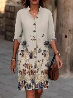 Women's Shirt Dress Casual Dress Cotton Linen Dress Midi Dress Polyester Fashion Casual Daily Outdoor Daily Vacation Shirt Collar Button Print Long Sleeve Summer Spring Fall 2023 Loose Fit Black -Party Prom Dresses Sales Store nylteo1691650323814