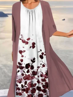 Women's Two Piece Dress Set Casual Dress Print Dress Outdoor Daily Fashion Elegant Print Midi Dress Crew Neck 3/4 Length Sleeve Floral Ombre Loose Fit Light Green Blue Purple Summer Spring S M L XL -Party Prom Dresses Sales Store nymkbg1690857727417