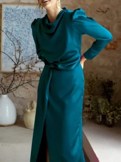 Women's Work Dress Satin Dress Semi Formal Dress Fashion Long Dress Maxi Dress Split Stand Collar Long Sleeve Plain Regular Fit Black Blue Sky Blue Fall Winter S M L XL -Party Prom Dresses Sales Store nywtcn1692761656915