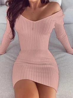 Women‘s Sweater Dress Winter Dress Sheath Dress Black Pink Wine Brown Navy Blue Gray White Long Sleeve Pure Color Patchwork Winter Fall V Neck Stylish Sexy 2022 S M L XL XXL 3XL -Party Prom Dresses Sales Store nzctbp1607942782735