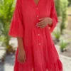 Women's Casual Dress Cotton Linen Dress Mini Dress Polyester Fashion Modern Outdoor Daily Holiday Split Neck Button Eyelet 3/4 Length Sleeve Summer Spring Fall 2023 Loose Fit Red Plain S M L XL 2XL