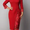 Women's Work Dress Sheath Dress Semi Formal Dress Fashion Office Daily Workfashion Midi Dress Lace Patchwork Crew Neck 3/4 Length Sleeve Plain Slim Red Blue Purple Fall Winter S M L XL XXL