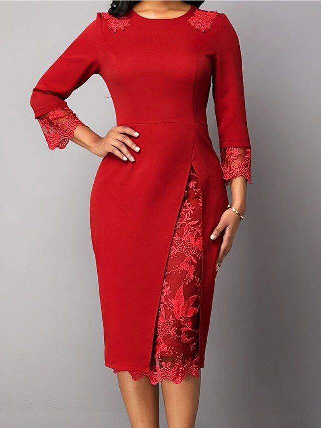 Women's Work Dress Sheath Dress Semi Formal Dress Fashion Office Daily Workfashion Midi Dress Lace Patchwork Crew Neck 3/4 Length Sleeve Plain Slim Red Blue Purple Fall Winter S M L XL XXL 1 Women's Work Dress Sheath Dress Semi Formal Dress Fashion Office Daily Workfashion Midi Dress Lace Patchwork Crew Neck 3/4 Length Sleeve Plain Slim Red Blue Purple Fall Winter S M L XL XXL