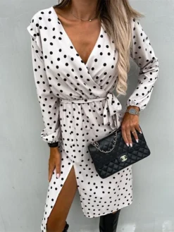 Women's Work Dress Sheath Dress Semi Formal Dress Fashion Midi Dress Lace Up Split V Neck Long Sleeve Polka Dot Loose Fit Black White Red Fall Winter S M L XL XXL -Party Prom Dresses Sales Store nzzzbo1692080010756
