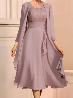 Women's Two Piece Dress Set Casual Dress Lace Dress Outdoor Daily Fashion Elegant Lace Ruffle Midi Dress Crew Neck 3/4 Length Sleeve Plain Regular Fit Purple Summer Spring S M L XL XXL