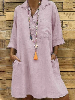 Women's Shirt Dress Cotton Linen Dress Shift Dress Mini Dress Cotton And Linen Daily Vacation Shirt Collar Pocket 3/4 Length Sleeve Summer Spring Fall 2023 Loose Fit Black Pink Green Pure Color S M L -Party Prom Dresses Sales Store obibzg1656035957267