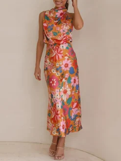 Women's Prom Dress Party Dress Satin Dress Long Dress Maxi Dress White Blue Orange Sleeveless Floral Ruched Fall Winter Autumn Halter Neck Fashion Evening Party Vacation 2023 S M L XL -Party Prom Dresses Sales Store obiwzg1694592342807