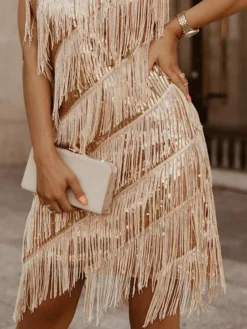 Women‘s Christmas Party Dress Fringe Dress Wedding Guest Dress Mini Dress Gold Sleeveless Pure Color Tassel Fringe Spring Fall Winter Spaghetti Strap Fashion Winter Dress Evening Party Wedding Guest -Party Prom Dresses Sales Store oblzyt1692781016433