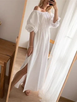 Women's Casual Dress Cotton Linen Dress White Dress Maxi Long Dress Linen / Cotton Blend Basic Classic Outdoor Daily Vacation Off Shoulder Backless Split Half Sleeve Summer Spring Fall 2023 Loose Fit -Party Prom Dresses Sales Store obvrkx1689325820442