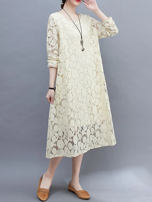 Women's Work Dress Lace Dress Black Dress Fashion Midi Dress Lace Pocket Crew Neck Long Sleeve Plain Loose Fit Black White Pink Fall M L XL XXL 3XL 11 Women's Work Dress Lace Dress Black Dress Fashion Midi Dress Lace Pocket Crew Neck Long Sleeve Plain Loose Fit Black White Pink Fall M L XL XXL 3XL - Image 11