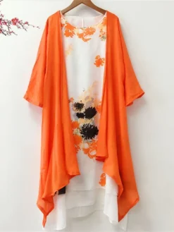 Women's Two Piece Dress Set Casual Dress Print Dress Daily Holiday Fashion Classic Fake Two Piece Print Midi Dress Crew Neck 3/4 Length Sleeve Floral Loose Fit White Pink Red Fall Winter One-Size -Party Prom Dresses Sales Store occjgp1694068747515