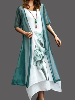 Women's Two Piece Dress Set Casual Dress Cotton Linen Dress Outdoor Daily Fashion Casual Fake Two Piece Print Midi Dress Crew Neck Short Sleeve Floral Painting Regular Fit Yellow Pink Red Summer -Party Prom Dresses Sales Store occkyt1680146909497