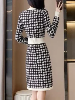 Women's Jumper Dress Knit Dress Midi Dress Daily Houndstooth Casual Daily Round Neck Long Sleeve Patchwork 2023 Regular Fit Black One Size -Party Prom Dresses Sales Store ocgfbj1694756257235