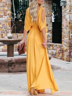 Women's Long Dress Maxi Dress Party Dress Swing Dress A Line Dress Pure Color Basic Casual Holiday Date Beach Backless Split Half Sleeve V Neck Dress Loose Fit White Yellow Orange Spring Summer S M L -Party Prom Dresses Sales Store ocnyiu1673321889343