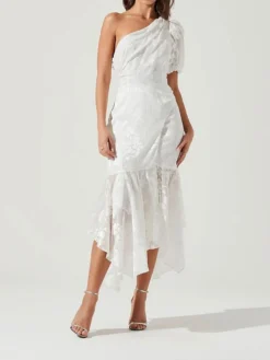 Women's Party Dress Lace Dress Wedding Guest Dress Midi Dress White Short Sleeve Pure Color Lace Spring Fall Winter One Shoulder Fashion Winter Dress Wedding Guest Evening Party 2023 S M L XL -Party Prom Dresses Sales Store ocsvky1697612529135