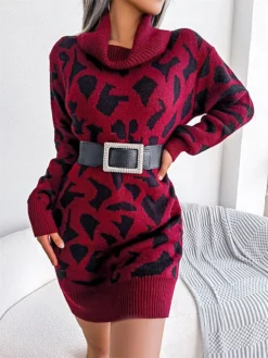 Women's Sweater Dress Jumper Dress Casual Dress Mini Dress Fashion Leopard Outdoor Daily Going Out Turtleneck Long Sleeve 2023 Loose Fit Black Wine Khaki S M L -Party Prom Dresses Sales Store odvfwt1694756289318