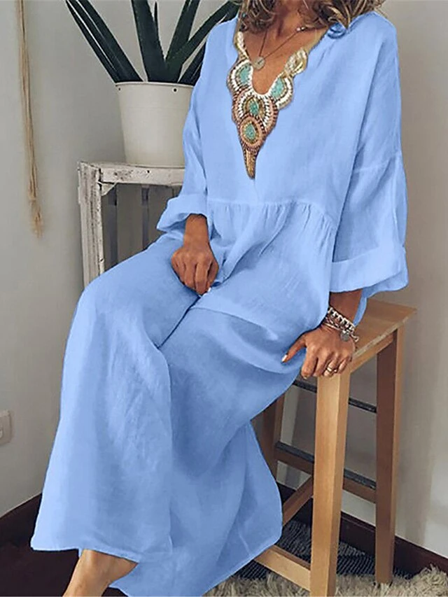 Women's Casual Dress Cotton Linen Dress Tiered Dress Maxi Long Dress Linen / Cotton Blend Fashion Gothic Outdoor Daily Vacation V Neck Print Long Sleeve Summer Spring Fall 2023 Loose Fit Black Blue 1 Women's Casual Dress Cotton Linen Dress Tiered Dress Maxi Long Dress Linen / Cotton Blend Fashion Gothic Outdoor Daily Vacation V Neck Print Long Sleeve Summer Spring Fall 2023 Loose Fit Black Blue