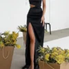 Women's Prom Dress Party Dress Fringe Dress Long Dress Maxi Dress Black Sleeveless Pure Color Tassel Fringe Fall Autumn Crew Neck Fashion Winter Dress Wedding Guest Birthday Slim 2023 S M L
