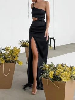 Women's Prom Dress Party Dress Fringe Dress Long Dress Maxi Dress Black Sleeveless Pure Color Tassel Fringe Fall Autumn Crew Neck Fashion Winter Dress Wedding Guest Birthday Slim 2023 S M L