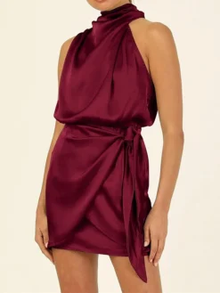 Women's Party Dress Homecoming Dress Cocktail Dress Mini Dress Black Champagne Light Green Sleeveless Pure Color Lace Up Spring Fall Winter Halter Neck Fashion Wedding Guest Birthday Vacation Loose -Party Prom Dresses Sales Store oehdfc1693535347305