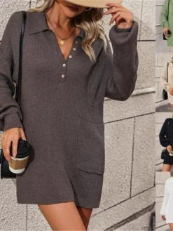Women's Sweater Dress Winter Dress Jumper Dress Mini Dress Button Pocket Outdoor Street Daily Fashion Streetwear Shirt Collar Long Sleeve 2023 Loose Fit Black White Brown Color S M L XL Size