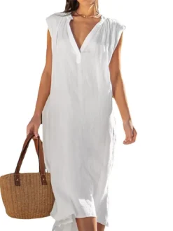 Women's Casual Dress Cotton Linen Dress Shift Dress Midi Dress Cotton Blend Basic Classic Outdoor Daily V Neck Basic Sleeveless Summer Spring 2023 Loose Fit White Navy Blue Blue Plain S M L XL 2XL -Party Prom Dresses Sales Store oekbky1686639964898