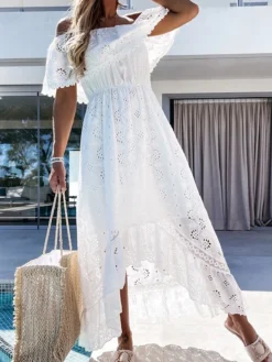 Women's Party Dress Casual Dress Swing Dress Long Dress Maxi Dress White Short Sleeve Pure Color Lace Summer Spring Off Shoulder Vacation 2023 S M L XL -Party Prom Dresses Sales Store oeskht1642500733325