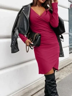 Women's Work Dress Sheath Dress Black Dress Fashion Winter Dress Office Daily Mini Dress Ruched V Neck Long Sleeve Plain Loose Fit Black Red Green Fall Winter S M L XL XXL -Party Prom Dresses Sales Store oexggp1695031002287