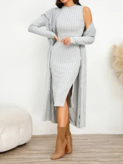 Women's Two Piece Dress Set Casual Dress Sheath Dress Home Daily Fashion Streetwear Split Midi Dress Stand Collar Long Sleeve Plain Slim Black Army Green Gray Fall Winter S M L XL XXL -Party Prom Dresses Sales Store ofabop1695813696806