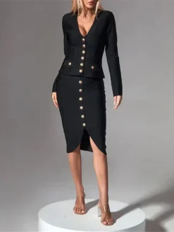 Women's Work Dress Sheath Dress Black Dress Fashion Midi Dress Button Split V Neck Long Sleeve Plain Regular Fit Black Summer Spring S M L XL -Party Prom Dresses Sales Store ofrppj1688449064548