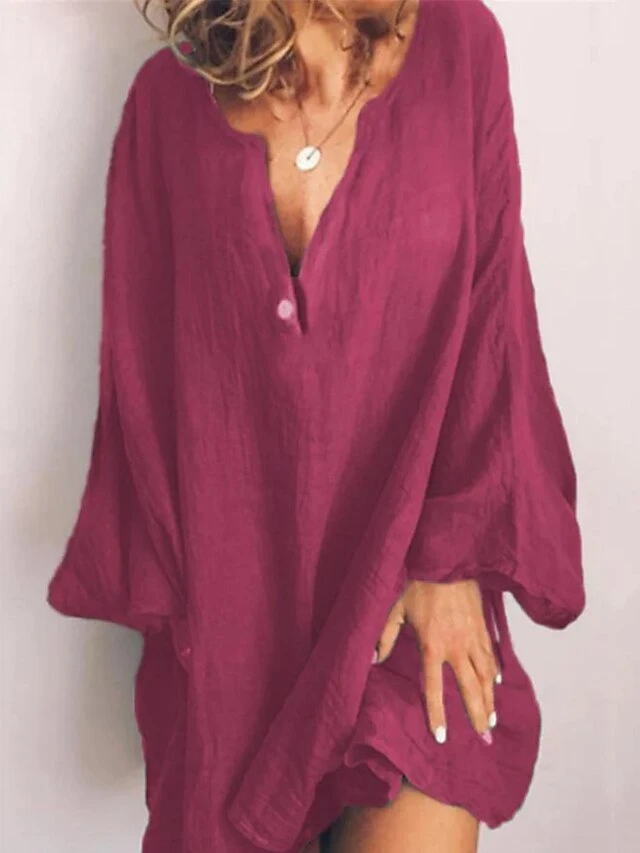 Women's Cotton Linen Dress Casual Dress Shift Dress Mini Dress Cotton Blend Fashion Modern Daily Vacation V Neck Button Long Sleeve Summer Spring 2023 Regular Fit Wine Blue Brown Pure Color S M L XL 4 Women's Cotton Linen Dress Casual Dress Shift Dress Mini Dress Cotton Blend Fashion Modern Daily Vacation V Neck Button Long Sleeve Summer Spring 2023 Regular Fit Wine Blue Brown Pure Color S M L XL - Image 4