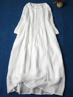 Women's Casual Dress Cotton Linen Dress Swing Dress Midi Dress Cotton Blend Basic Casual Outdoor Daily Crew Neck Ruched Pocket Short Sleeve Summer Spring 2023 Loose Fit White Pink Purple Plain M L XL -Party Prom Dresses Sales Store ofzvzc1676278276844