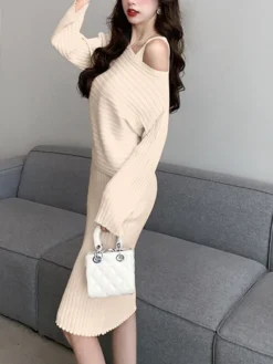 Women's Two Piece Dress Set Casual Dress Skirt Set Outdoor Daily Fashion Streetwear Ruched Midi Dress V Neck Long Sleeve Plain Slim Black Pink Green Fall Winter One-Size -Party Prom Dresses Sales Store ogrspl1693374471260