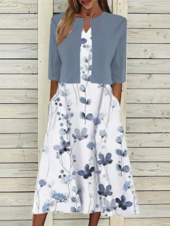 Women's Two Piece Dress Set Casual Dress Tank Dress Outdoor Daily Fashion Streetwear Pocket Print Midi Dress V Neck 3/4 Length Sleeve Floral Regular Fit Yellow Blue Fuchsia Summer Spring S M L XL XXL -Party Prom Dresses Sales Store ogyzix1689736397177